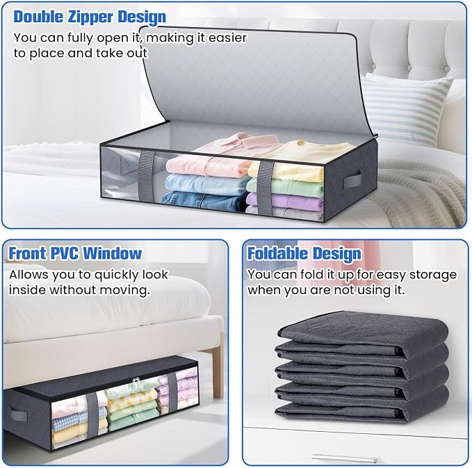 TasticTotes Under Bed Storage Containers, 6 Pack Blanket Storage Bags, Collapsible Storage Bags with Big Zippers, Clear Front, Shoe Storage and Organization for Clothes, Comforter, 60L, Grey
