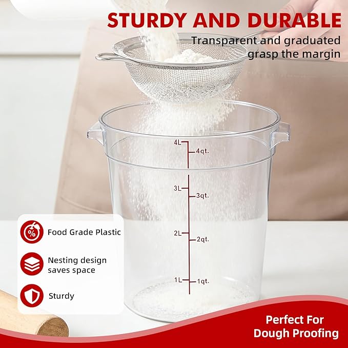 4-Pack Food Storage Containers with Lids,Round Plastic Containers for Kitchen, Food Grade, BPA-Free, Stackable, Clear Red Storage Buckets (Red, 4L)