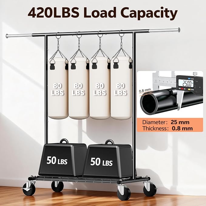 Heavy Duty Clothes Rack for Bedroom - Load 420 LBS - Rolling Clothing Rack for Hanging Clothes with Lockable Wheels & Shelves - Extendable Garment Rack for Closet Laundry - Black