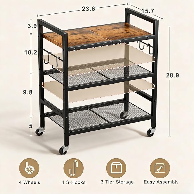 Rolling Kitchen Microwave Cart, 3 Tier Microwave Stand with Wheels, Bathroom Organizers and Storage Shelf, Serving Cart, Baker's Rack, Coffee Bar Table Station for Kitchen, Office, Brown