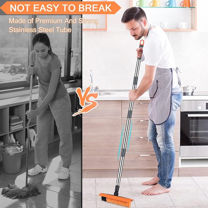 2 in 1 Floor Brush Scrubber with Long Handle Telescopic 3 Poles 61.8'' Grout Brush Scrape Stiff Bristle Cleaning Scrub Brush with Squeegee 180°Rotating Tile Brush for Cleaning Bathroom Glass Patio
