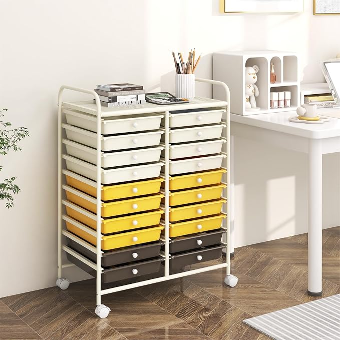 DREAMADE Rolling Cart With Storage Drawers, Utility Cart With Removable Plastic Drawers, Lockable Wheels for Classroom Organization, Art Supplies, Office, Scrapbook (20 Drawers, Yellow)