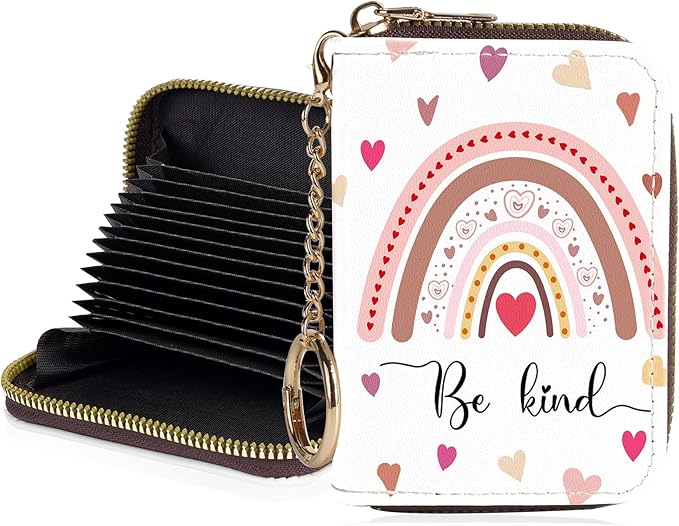 Credit Card Holder for Women,Small Rfid Wallet with Keychain Zipper,Cute PU Leather Card Case Wallet，Accordion Credit Card Wallets Gift,RainbowC