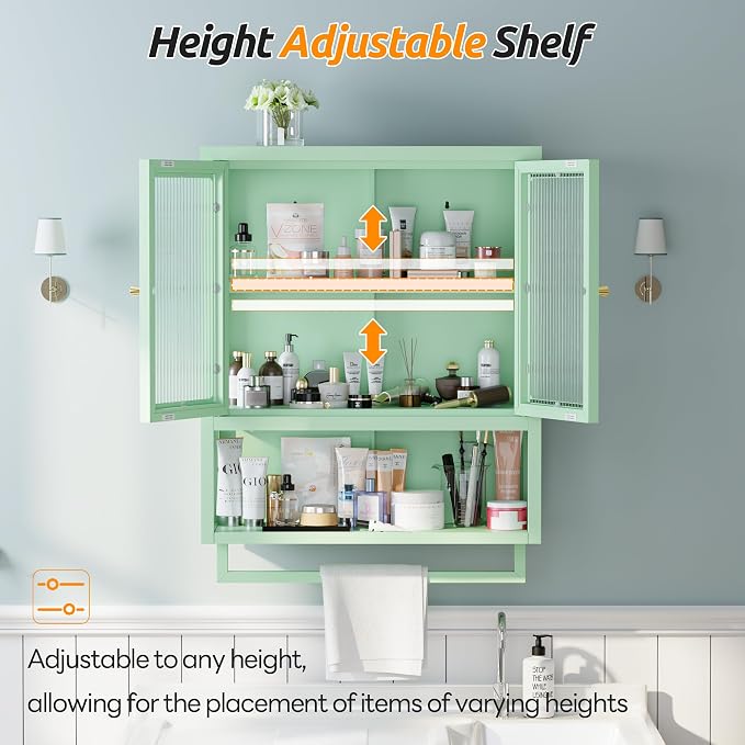 Bathroom Wall Cabinet with 2 Glass Door, Bathroom Medicine Cabinet with Towels Bar and Shelves, Over The Toilet Storage Cabinet, Metal Wall Mounted Cabinet for Laundry Room Kitchen (Green)