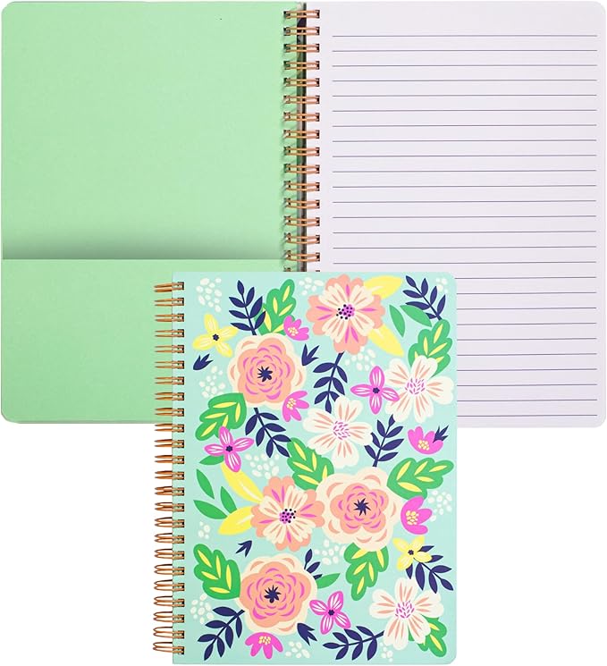Steel Mill & Co Cute Green Mini Spiral Notebook, 8.25" x 6.25" Journal with Durable Hardcover and 160 Lined Pages, Mint Floral