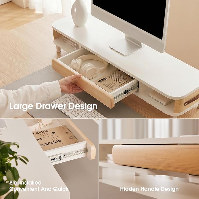 Fenge Dual Monitor Stand with Large Storage Drawer, 42.5" Dsek Shelf, White | Slide-Out Drawer, Ergonomic Monitor Riser, Aluminum leg, 2-Tier Desk Organizer for Laptop, TV, PC
