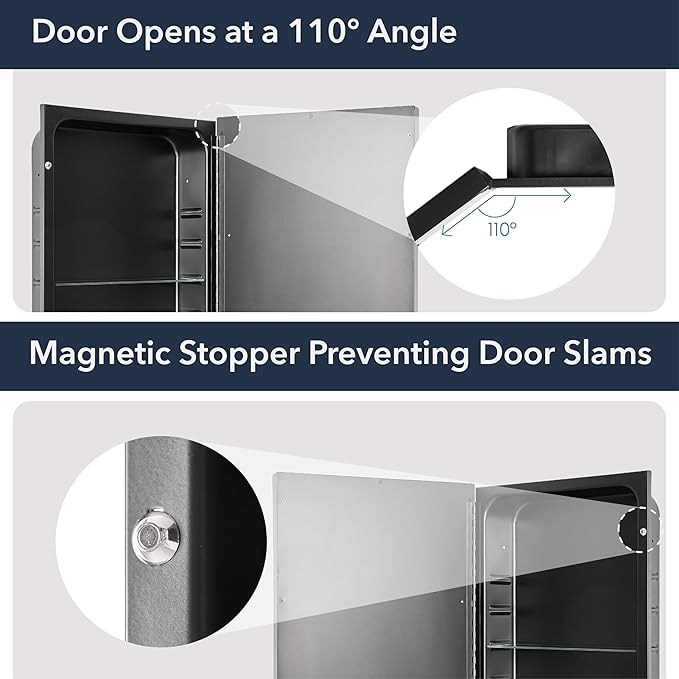 Head West Brushed Black Recessed Medicine Cabinet Mirror 16" x 26", Bathroom Wall Mount Storage Organizer with Glass Shelves