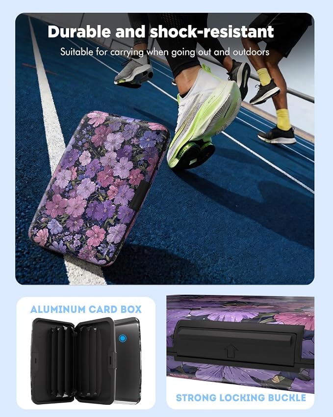 Maicican RFID Blocking Aluminum Credit Card Holder | Slim Metal Wallet for Women & Men, Business Card Case for Travel, Fits Front Pocket, Card holder wallet - Purple flowers