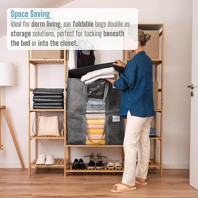 VENO 6 Pack Moving Bags with Clear Window, Heavy Duty Storage Bins with Lid, Around Handles, Tag, Zippers, Extra Large Totes Packing Moving Boxes Supplies for College Dorm Clothes (Dark Gray)