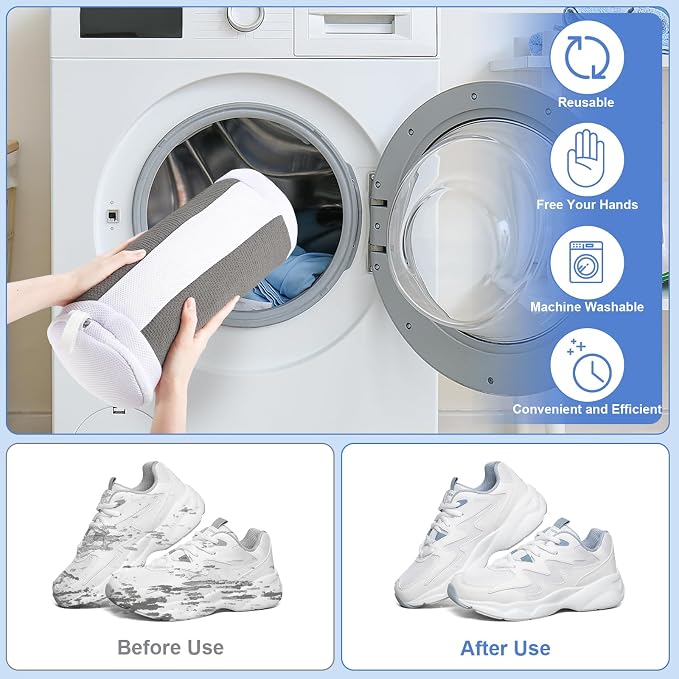 Dntorx 2 PCS Shoe Washing Machine Bags for Washer and Dryer, Grey + White | Reusable Laundry Shoe Bag, Hands Free, Hidden Self-locking Zipper, 360° Deep Cleaning, For Sneakers and All Shoes Types