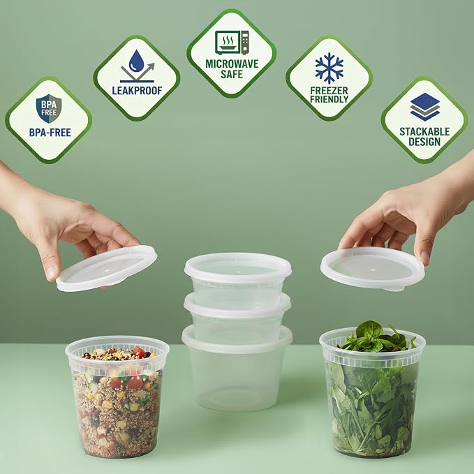 48 Sets Plastic Deli Containers with Lids - 8oz, 16oz Pint & 32oz Quart | Leak Proof, Microwaveable, Dishwasher & Freezer Safe - Plastic Food Storage, Meal Prep, Restaurant & Soup Containers