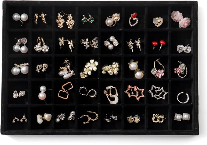 Large Jewelry Organizer for Drawer Insert Velvet Stackable Jewelry Trays for Earring Necklace Bracelet Ring Display (Black, 40 Grids)