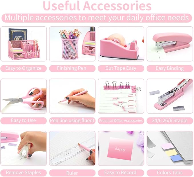 Pink Desk Organizers and Accessories,12pcs Office Desk Accessories Supplies,with Pen Holder, Tape Holder, Stapler, Scissors, Ruler, Staple Remover for Home & School, Office Supplies Gift for Women