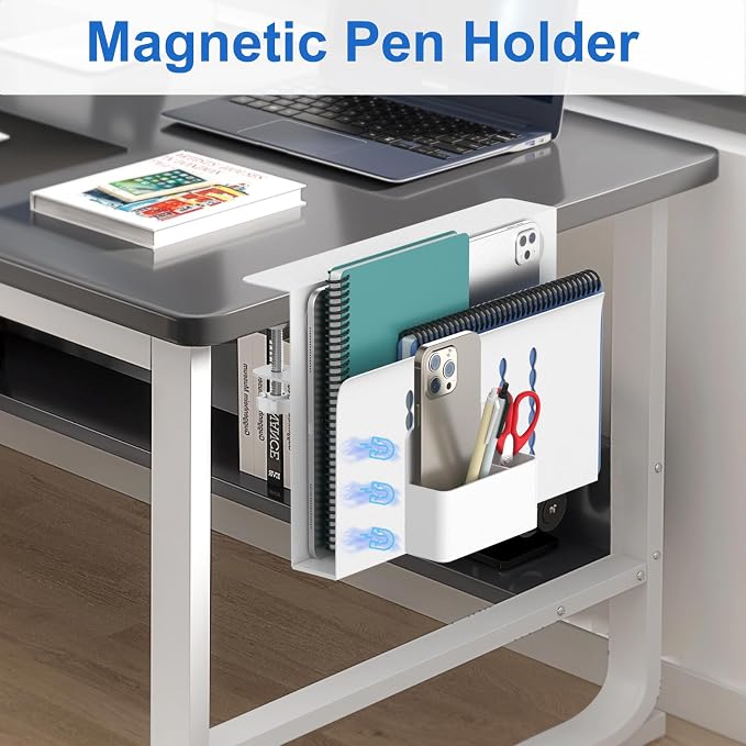HAMOPY Desk Side Storage, Single-Layer Steel Hanging Desk Organizer with Magnetic Pen Holder, No Drilling Desk Drawer Cable Management Tray, Under Desk Laptop Holder for Office, School&Home(White)