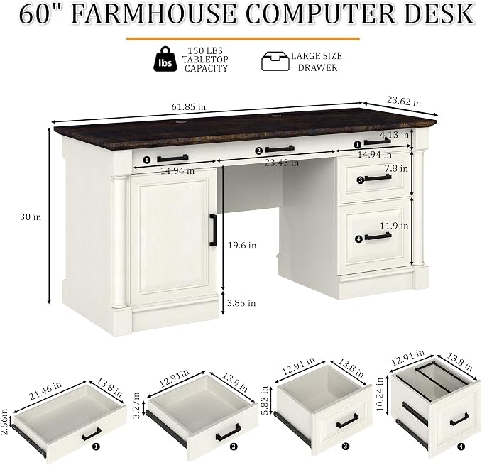blini Large Farmhouse Executive Desk with Drawers，Wood Computer Desk，Embossed Texture Home Office Desk with File Cabinet Storage, Cable Management, Keyboard Tray，Working Table for Work Study Writing