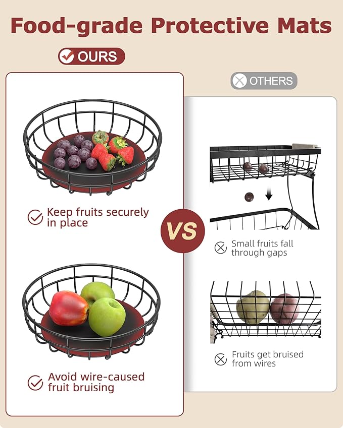 Sevenblue 2 Tier Modern Fruit Basket for Kitchen, Black, Extra Large | Space-Saving Vertical Storage for Veggies, Bread, Snacks, Fits Under Cabinets, includes 2 banana hooks and protective mats
