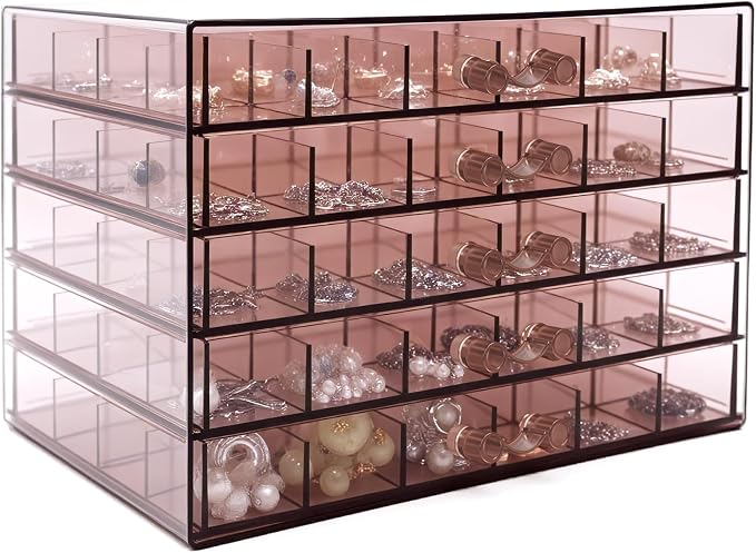 Clear Pink Acrylic Jewelry Storage Box, Earring Jewelry Organizer with 5 Drawers, 5-Layer Jewelry Box for Women, Earring Display Holder for Earrings Ring Bracelet Necklace, 120 Grid Storage Box