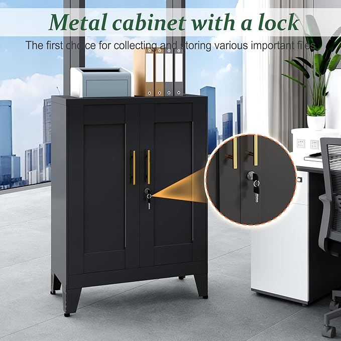 Black Metal Storage Cabinet, 36" Tall Locking Storage Cabinet with 2 Adjustable Shelves, Steel Locker Organizer, for Office, Home, School, 11.81" D x 23.62" W x 35.83" H, 2PS