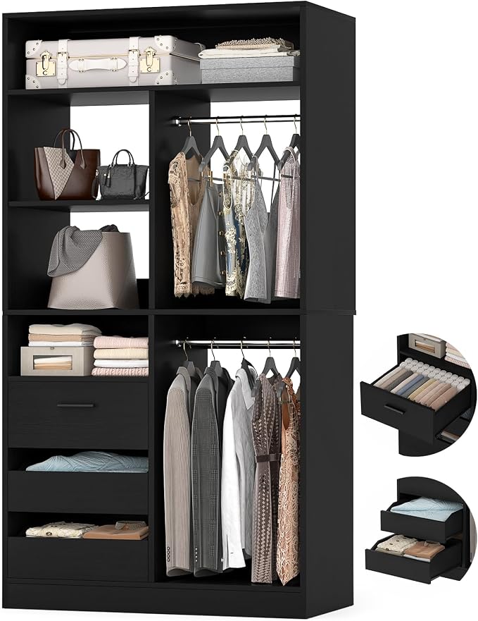 36 Inches Modular Closet Drawers System, 3FT Wood Closet Organiser with Closed & Half-Open Drawers, Walk-in Freestanding Wardrobe Storage Cabinet with 6 Shelves, Black (36"L x 15" W x 80" H)