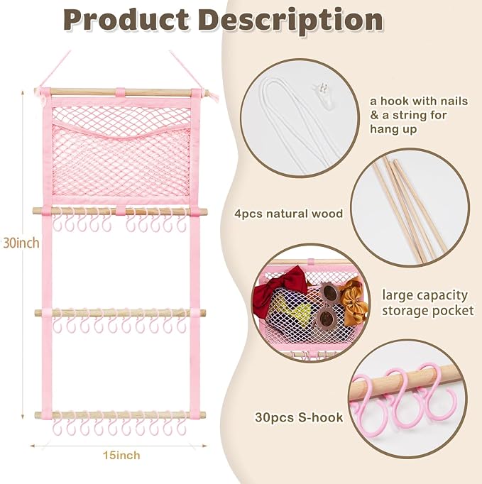 kangaroo Headband Holder Hair Bows Organizer for Baby Girls Nursery Decor | Large Capacity Headbands Holder | Wall Hanging-15"L x 30"H | Easy to Grab | Nursery Essentials | Baby's bows Organizer
