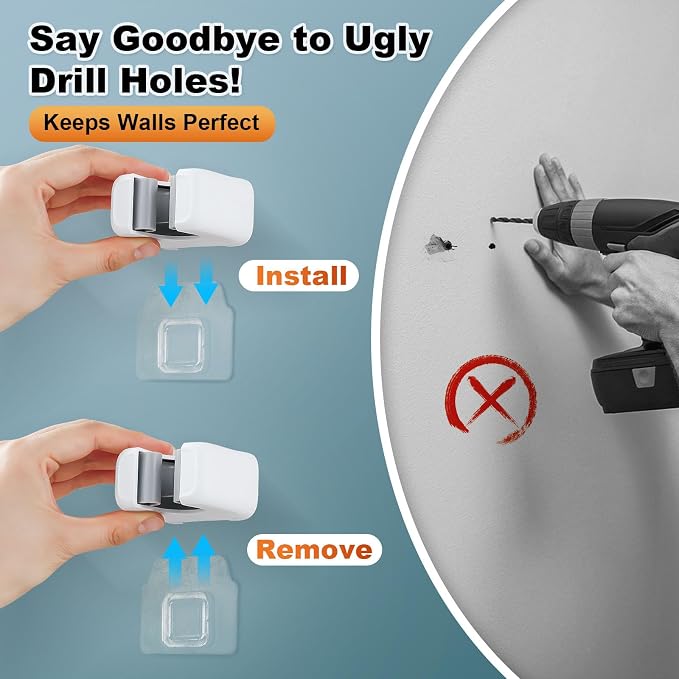 funest 6 Pack Mop and Broom Holder Wall Mount, No Drill Needed Self Adhesive, Non-Slip Mop Grippers for Tile Walls - Kitchen, Bathroom, Garage（White）