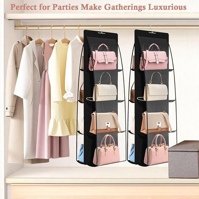 3 Pack Purse Organizer for Closet, 8 Pockets Black Handbag Hanging, Handbag Storage, Purse Closet Organizer Clear Window Purse Hanger and Handbag Organizer for Space Saving