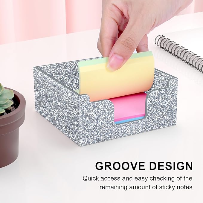 Rouidr Acrylic Sticky Note Holder, Self Stick Note Pad Holder, Silver | 3.94 x 3.94 Inch Glitter Memo Pad Dispenser Organizer for School Office Home Desk Supplies