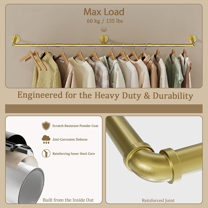 Wall Mounted Clothes Rack, Industrial Pipe Clothing Rack 60 Inch Gold, Wall Clothes Rod for Bedroom, Cloakroom, Closet, Hallway, Boutique Display, Wall-Mount Drying Racks for Laundry