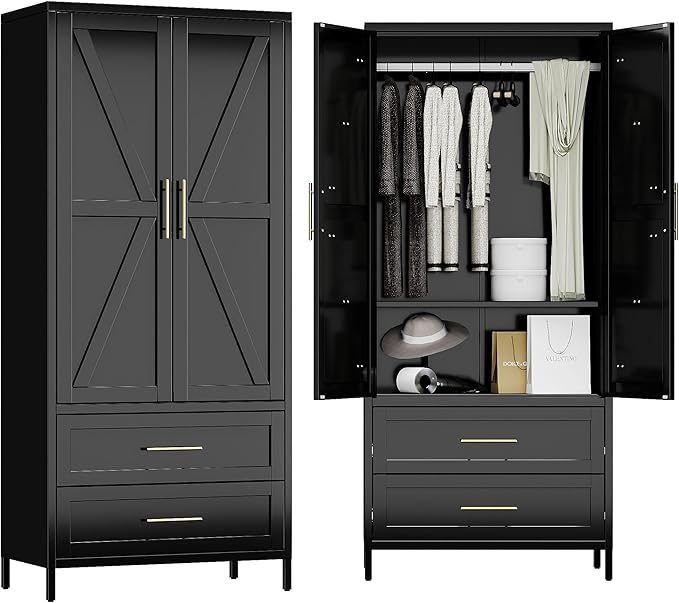METAN Metal Wardrobe Closet with Doors,Armoire Wardrobe Closet with 2 Drawers for Bedroom,Assembly Required,Black
