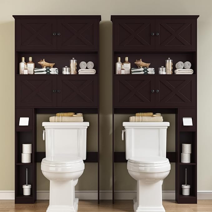 Halitaa Over The Toilet Storage Cabinet with Doors & Paper Holder, Espresso | Halitaa Farmhouse Toilet Shelf Home Space Saver with 4 Barn Doors & Toilet Paper Holder Stand for Restroom, Bathroom, Laundry