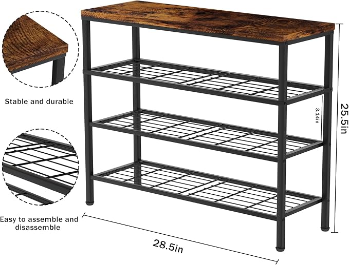 4-Tier Metal Shoe Rack with Wood Top - Durable & Space-Saving Shoe Organizer,Industrial Shoe Organizer Shelf Bench Storagefor Closet Entryway, Bedroom & Hallway - Bronze+Black 28.5 W × 25.5" H