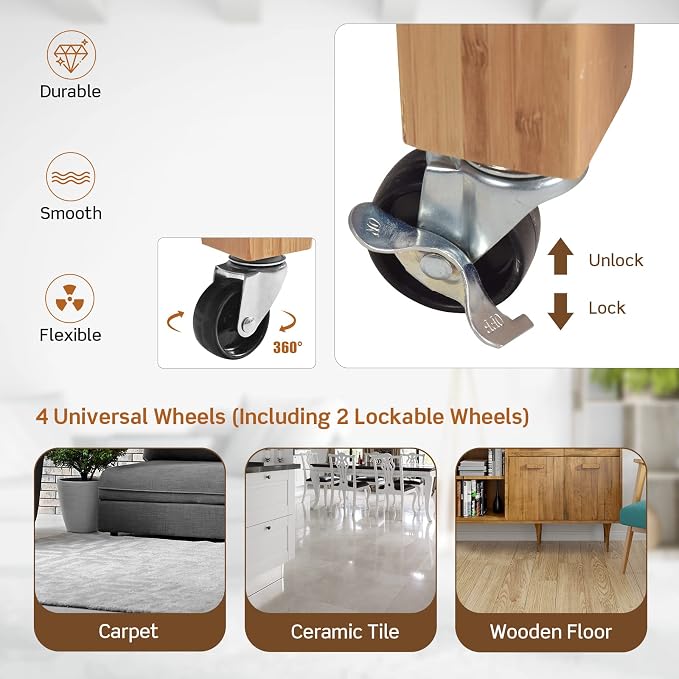 Kitchen Island, Rolling Butcher Block Kitchen Cart on Wheels, Bamboo Kitchen Trolley with Drawers, Shelves, Towel Rack, Small Kitchen Island Cart for Dining Room