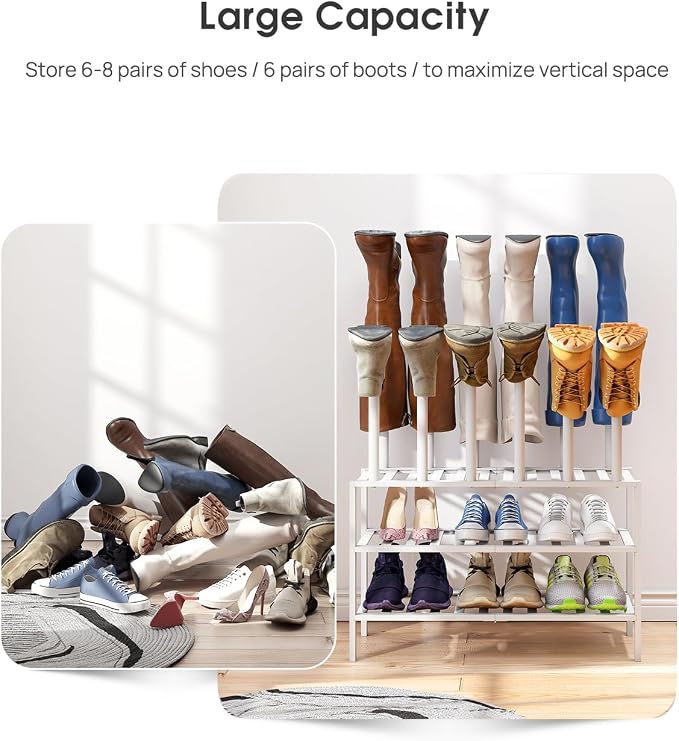 viewcare White Boot Rack, Boot Rack Organizer Tall Boots with Shoe Rack for Closet, Bamboo Wood Shoe Shelf Storage Organizer for Entryway