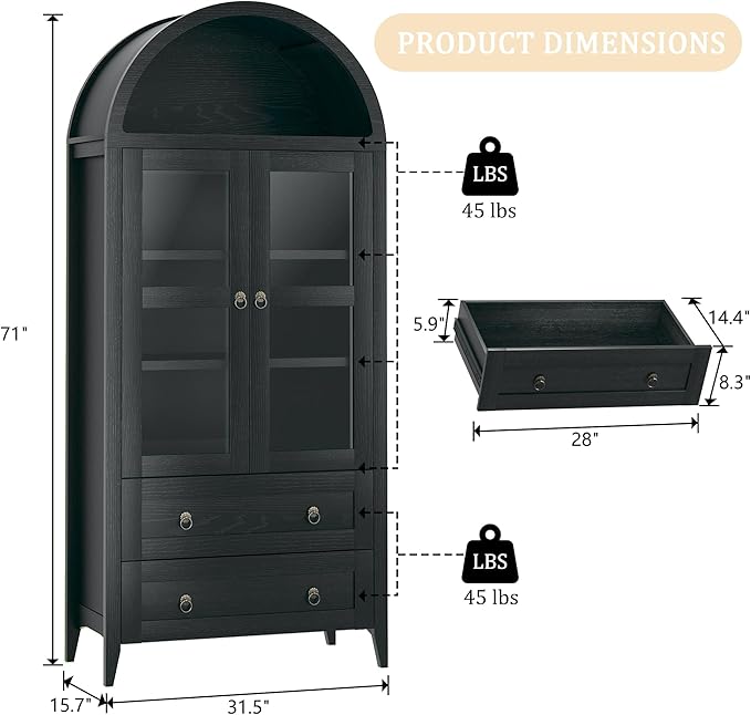 HUAHUU 71" Tall Arched Kitchen Pantry, Arched Cabinet, Kitchen Storage Cabinets with 2 Large Drawers & Adjustable Shelves & Glass Door for Living Room, Dining Room, Black