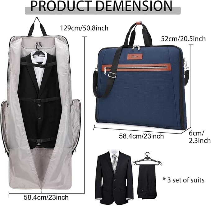 BESMART Garment Bags for Travel, 51" Large Suit Bag for Business Trips | Waterproof,Hangs 3 Suits,Foldable,Wrinkle Free Spacious Luggage Suit Cover,Adjustable Strap,Carry On Flight Approved,Blue