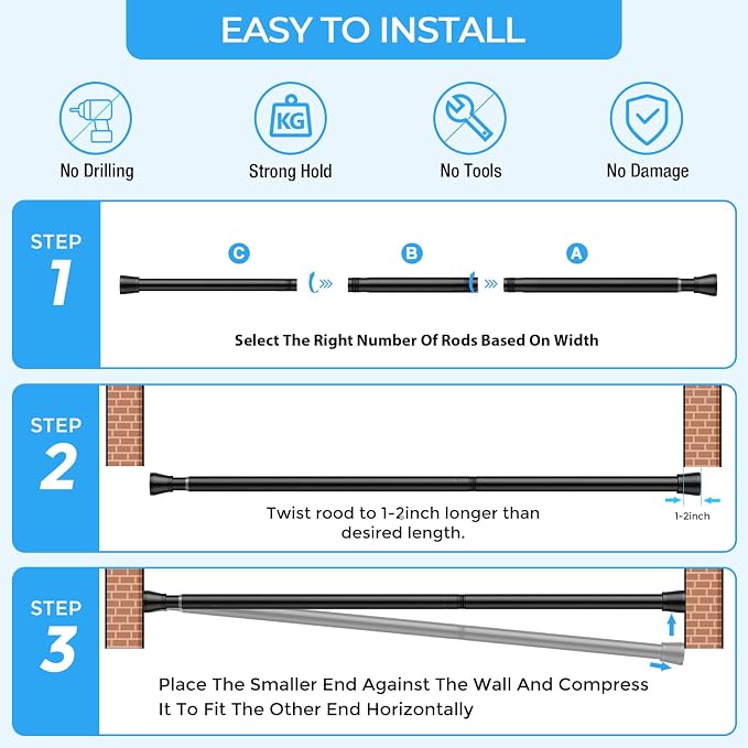 AIZESI Tension Curtain Rod 16 to 26 Inch No Drilling Adjustable 7/8” Diameter Black Short Curtain Rod, Small Curtain Rods for Window, Doorway, Closet, Kitchen