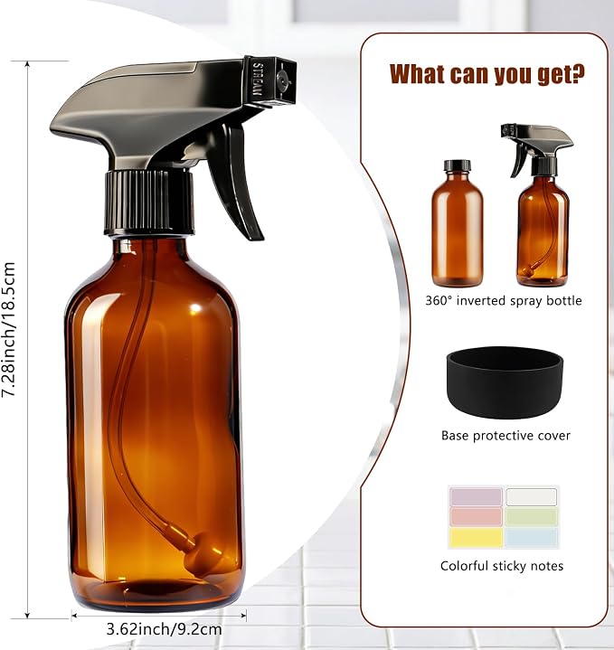 Caija-H 2 Pack Glass Spray Bottles for Cleaning，8oz 240ml Spray Bottle with Weighted Ball Straws 360° Any Angle Mist Sprayer for Kitchen Plants Pets Hair Water Mister (Amber)