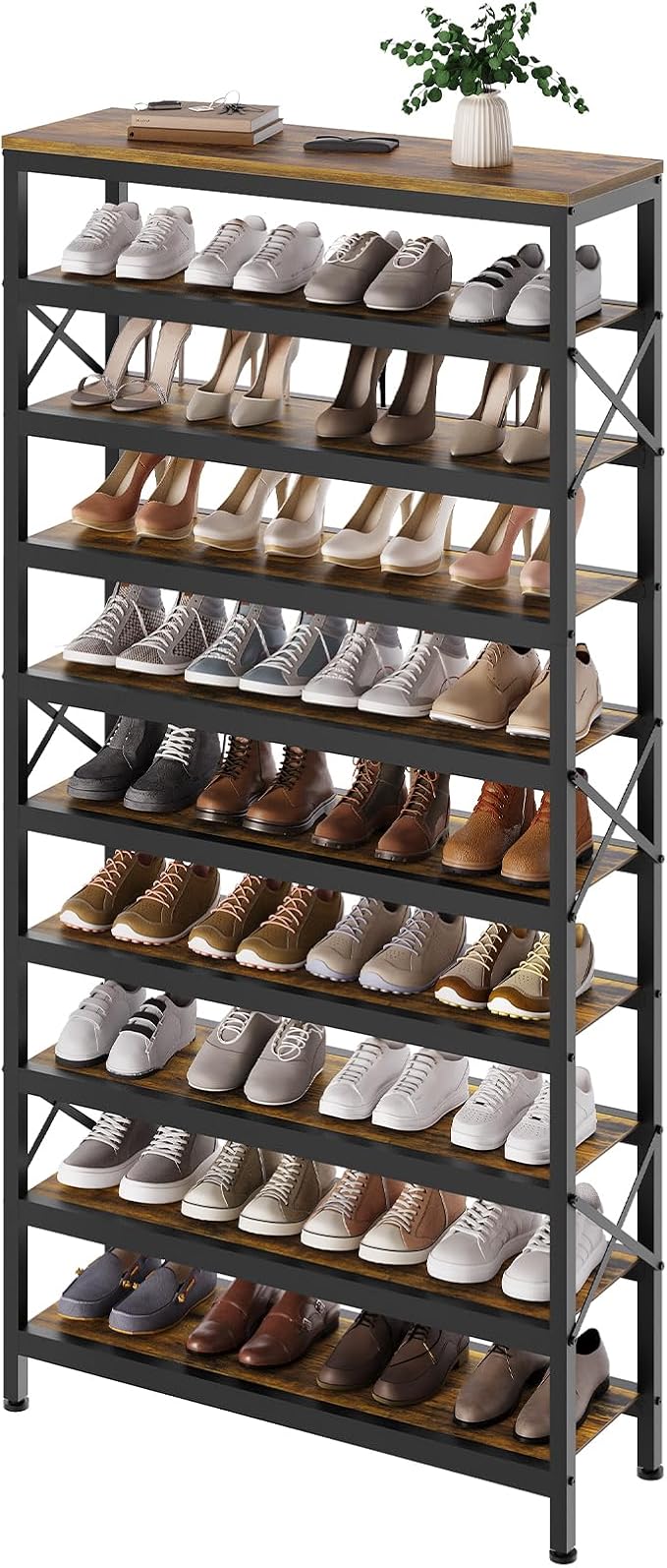 YATINEY 10-Tier Tall Shoe Rack Organizer, Wooden Shoe Storage for Closet Holds 40 Pairs, Sturdy Shoe Shelf with X-Shaped Metal Support, for Entryway, Bedroom, Rustic Brown and Black SS210BR