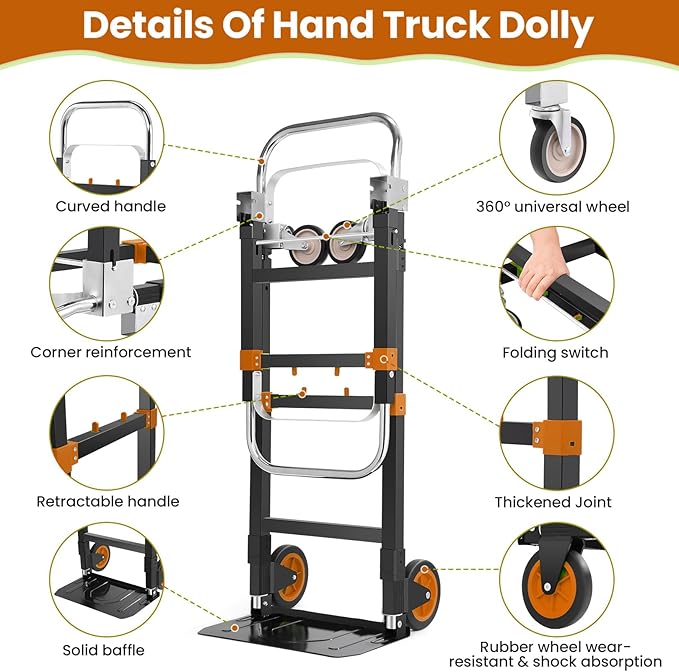 3-in-1 Folding Hand Trucks, 600Lbs Convertible Hand Truck Dolly, Heavy Duty Convertible Dolly with Retractable Handle and 4 Rubber Wheels, Collapsible Cart for Moving Office/Home/Warehouse(Orange)