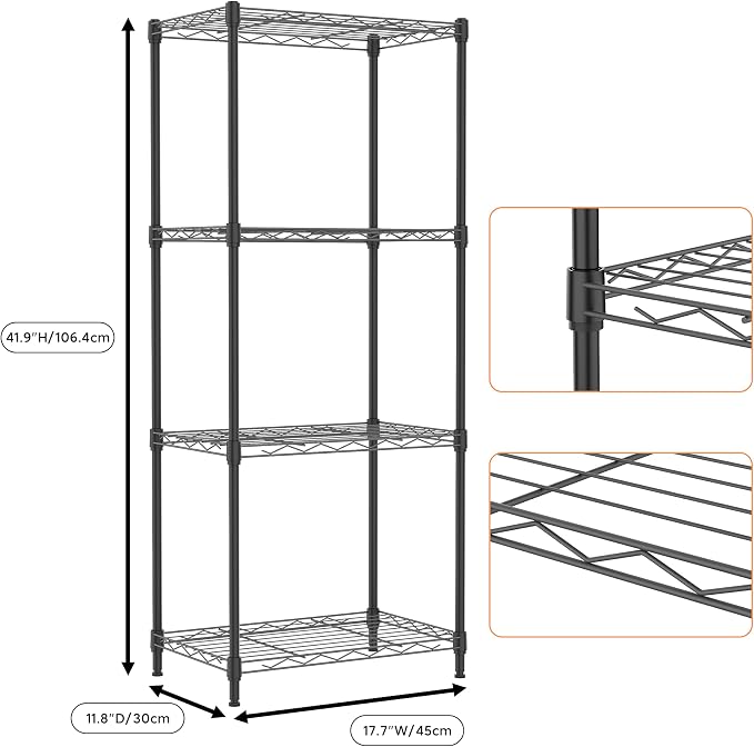 M MZG 4 Tiers Shelf Metal Storage Shelves Wire Rack Closet Organizers for Garage Kitchen Bathroom Laundry Black 11.8" D x 17.7" W x 41.9" H