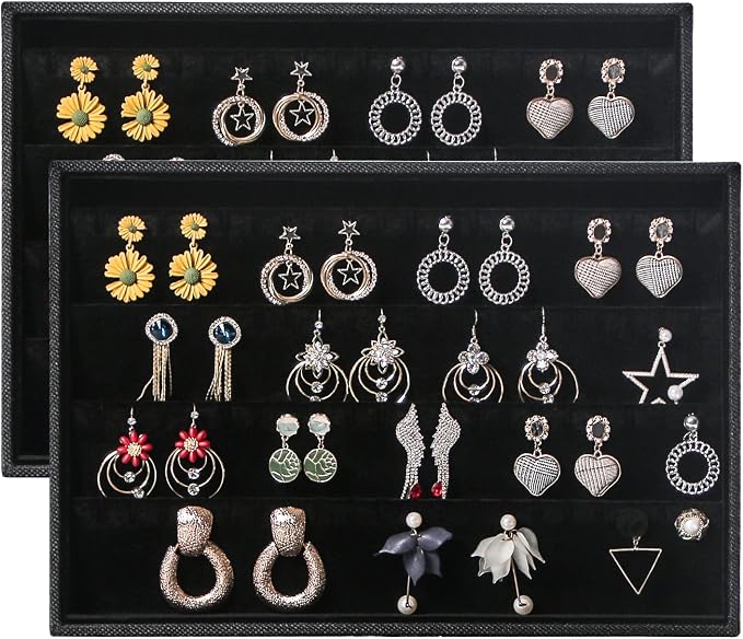 Julysky 2 Pcs/set Stackable Jewelry Organizer Trays，Earrings Tray+Earrings Tray, Jewelry Displays for Selling,Black