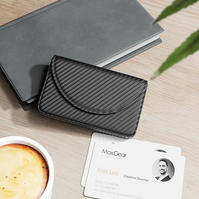 MaxGear Business Card Holder, PU Leather Business Card Case, Black Carbon | Pocket Name Card Holder Wallet for Purse, Portable Business Card Carrier with Magnetic Closure, Slim Stylish Men Women Gift