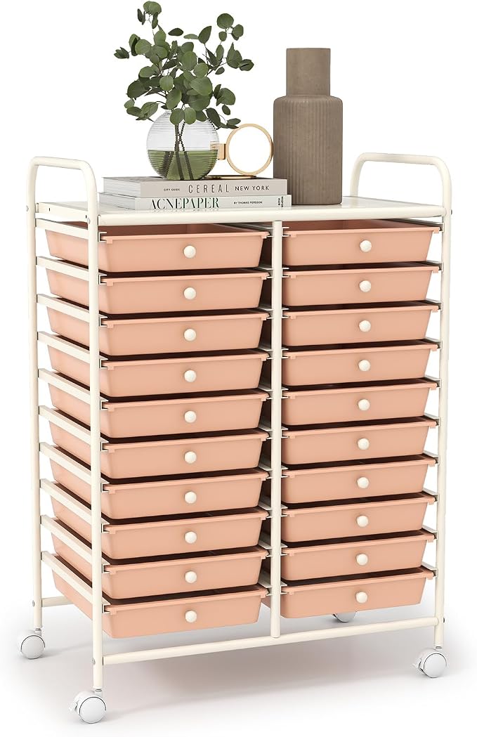 LDAILY 20-Drawer Rolling Storage Cart, Rolling Storage Cart, Storage Organizer on Wheels, Metal Frame, Scrapbook Paper Tools, Suitable for Office School, Classroom (Peach, 20 Drawer)