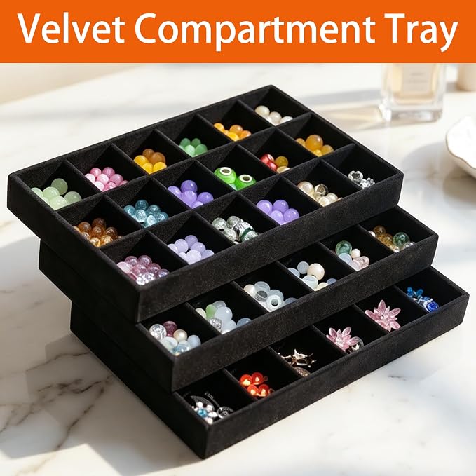 12 Pack Velvet Jewelry Drawer Organizer Trays Stackable Jewelry Storage Inserts Set Jewelry Tray for Earring Necklace Rings Bracelet with Removable Dividers for Dresser & Vanity,Black
