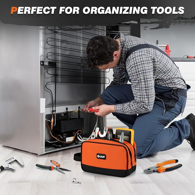 10" Small Tool Bag, Divider Zipper Pouch Tool Box Organizer | Waterproof, Heavy-duty Oxford, Smooth Zipper, Handle, Storage Case for Car Work Tool. Electrician Gift,Orange