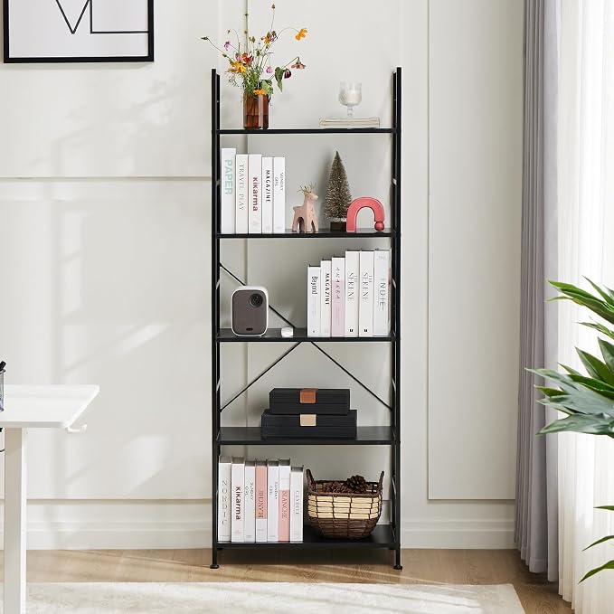 DUMOS 5 Tiers Open Bookshelf, Classic Freestanding Tall Display Shelf | Multifunctional Storage Organizer Rack for Living Room Home Office, Sturdy Bookcase for CDs/Books/Movies, Modern Black