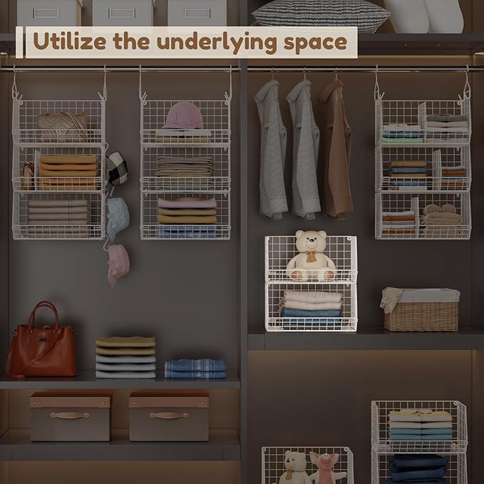 Jautokerdar 4 Tier Extra Large Hanging Closet Organizer,Closet Organizer Hanging with 5 S Hooks 4 Dividers,Clothes Organizer Clothing Sweaters Clutches Handbags Hats Accessories-White