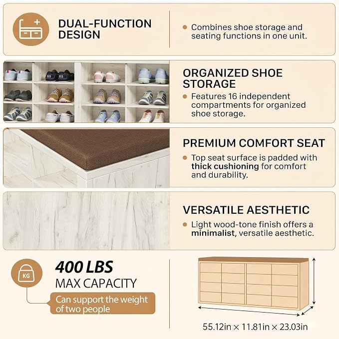 Shoe Storage Bench with Cushion Shoe Rack for Entryway 16 Cubby Multifunctional Organizer Bench Entryway with Soft Sponge Cushion for Hallway Living Room Bedroom (White & Brown)
