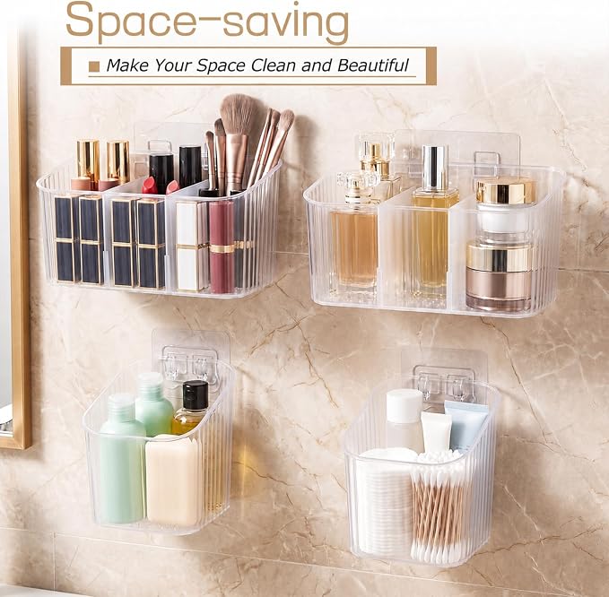 14 Pack Cabinet Door Organizer Adhesive Wall Mount Storage Bins Makeup Containers Stackable Organizer Basket for Kitchen Cabinets, Bathroom, Pantry, Office, Refrigerator (Frosted Clear)