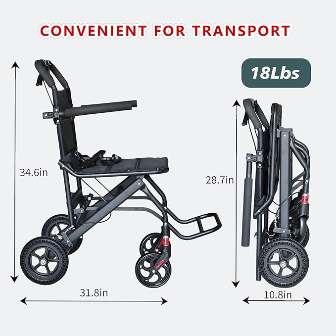 Compact Ultra-Lightweight Portable Transport Wheelchair Foldable Travel Wheelchairs with Handbrake for Adults and Seniors（Black）